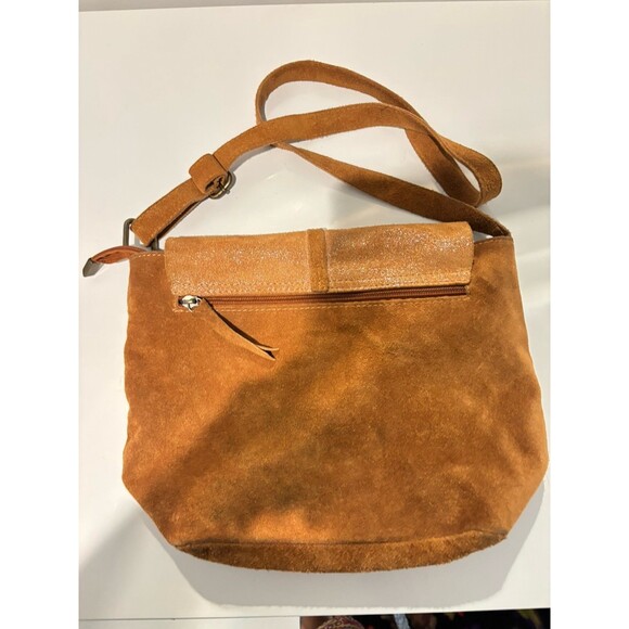 MADE in ITALY Brown Tan Metallic Suede Leather Adjustable Strap Crossbody Bag - Picture 5 of 7